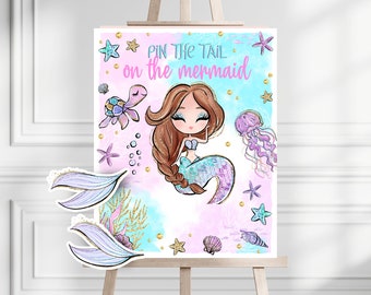 Pin The Tail On The Mermaid Game Sign, Mermaid Pin The Tail Game, Mermaid Party Game, Glitter Mermaid Party, Mermaid Birthday Activity