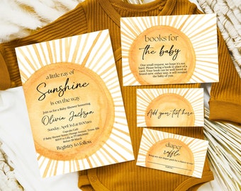Paquete de invitaciones editables para baby shower "Sunshine", "Un pequeño rayo de sol", "Sunshine baby shower" de género neutro, BSBS01