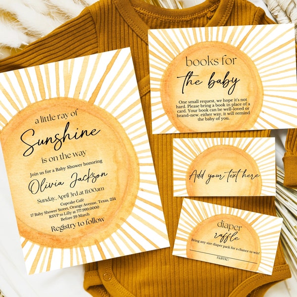 Editable Sunshine Baby Shower Invitation Bundle, A Little Ray Of Sunshine Baby Shower Invite, Gender Neutral Sunshine Baby Shower, BSBS01