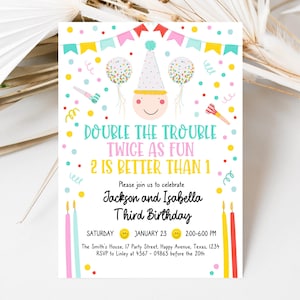 Editable Twin Birthday Party Invitation, Brother And Sister Birthday Invite, Siblings Birthday Invite, Instant Download, Pink, Blue, DBP01