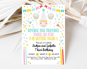 Editable Twin Birthday Party Invitation, Brother And Sister Birthday Invite, Siblings Birthday Invite, Instant Download, Pink, Blue, DBP01