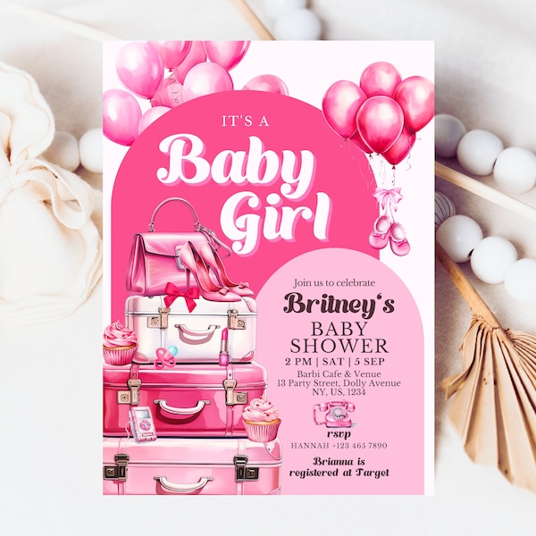 Girly Doll Baby Shower Invitation Template, It's A Girl Baby Shower Invitation, Doll Baby Shower Invitation, Fashion Doll Baby Shower Invite