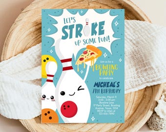 Editable Bowling Birthday Invitation, Boy Bowling And Pizza Party Invitation, Printable Bowling Invitation, Blue Bowling Birthday Party