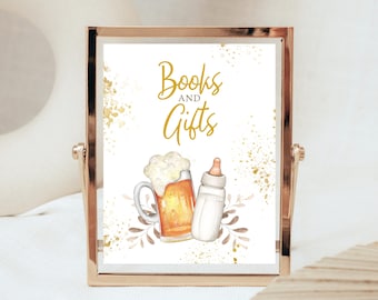 Editable A Baby Is Brewing Books and Gifts Sign Coed Baby Shower Beer Milk Bottle Modern Neutral Printable Table Decor