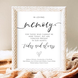 Edytowalny znak „W kochającej pamięci”, nowoczesny znak „Na zawsze w naszych sercach”, minimalistyczny znak pamiątkowy, minimalistyczny znak pogrzebowy, znaki pogrzebowe