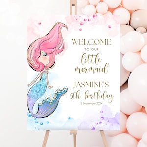 Editable Mermaid Birthday Welcome Sign: Under the Sea Party (16x20 inch Canva Template)