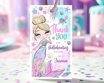 Etiqueta de regalo de cumpleaños de sirena editable, etiquetas de agradecimiento de cumpleaños de sirena, decoración de mesa de cumpleaños de sirena con brillantina, decoración de fiesta bajo el mar