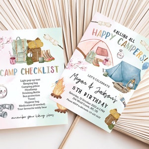 Editable Girl & Boy Camp Party Invitation Camp Out Birthday Invite Outdoor Camping Tent Twins Camp Checklist Download Printable Template