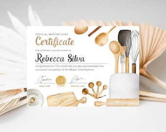 May include: A certificate of completion for a Master Chef Diploma, with a watercolor illustration of kitchen utensils and a cake. The certificate is presented to Rebecca Silva.