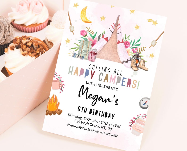 May include: A colorful invitation for a 9th birthday party with a camping theme. The invitation features a pink and white tent, a campfire, a compass, and a coffee mug. The text reads "Calling all Happy Campers! Let's Celebrate Megan's 9th Birthday. Saturday, 12 October 2022 at 2 PM, 254 Wolf Creek, NY, US. Please RSVP to Michelle +21-425-5632."
