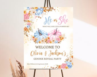 Floral Pumpkin Gender Reveal Welcome Sign Editable Fall Poster Autumn Boy Or Girl Baby Shower Printable Pink Blue Digital Download FP01