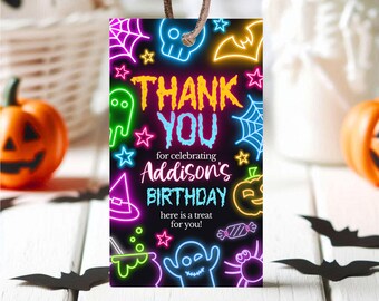 Editable Neon Halloween Favor Tag Template, Spooky Halloween Party Favors, Printable Neon Halloween Birthday Thank You Tags, NHBP01