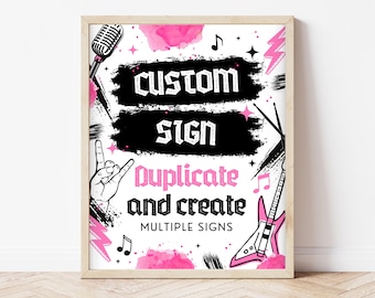 Editable Rock and Roll Birthday Sign: Pink Punk Party Decor (8x10 inch, Canva Template)