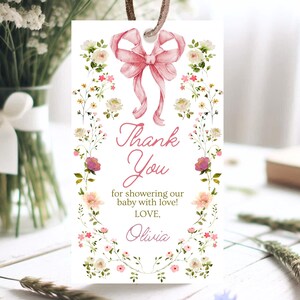 Editable Floral Baby Shower Favor Tag, Pink Bow Baby Shower Favor Tag, Summer Flowers Tags, Wild Flower Favor Tag, Floral Baby Brunch, GBS06