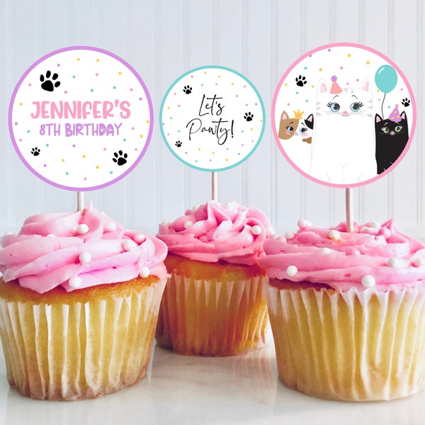 Editable Kitten Cupcake Toppers Template, Cat Birthday Cupcake Toppers, Kitten Party Cake Toppers, Cat Birthday Decor, KGBP01
