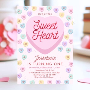 Faire-part d'anniversaire modifiable bonbon en coeur, conversation thème coeurs anniversaire, invitation fête chérie, rose Saint Valentin anniversaire, VDC04