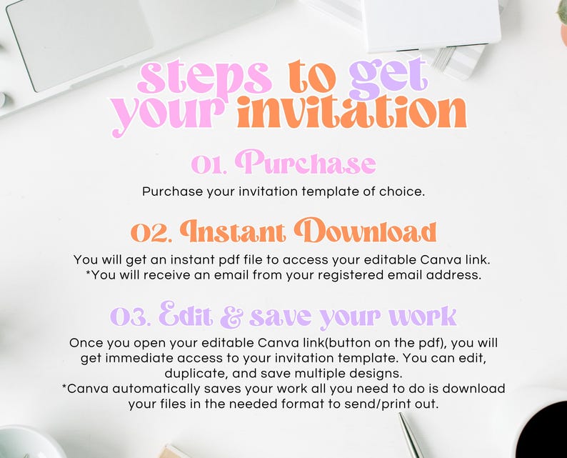 May include: Steps to get your invitation. A pink and purple graphic with the text "Steps to get your invitation" in a white background. The steps are: 1. Purchase, 2. Instant Download, 3. Edit & save your work.