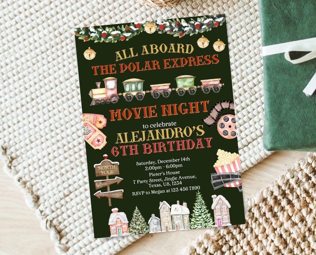 Editable Polar Express Movie Night Invitation Template, Christmas Birthday Party Invite, Winter ...