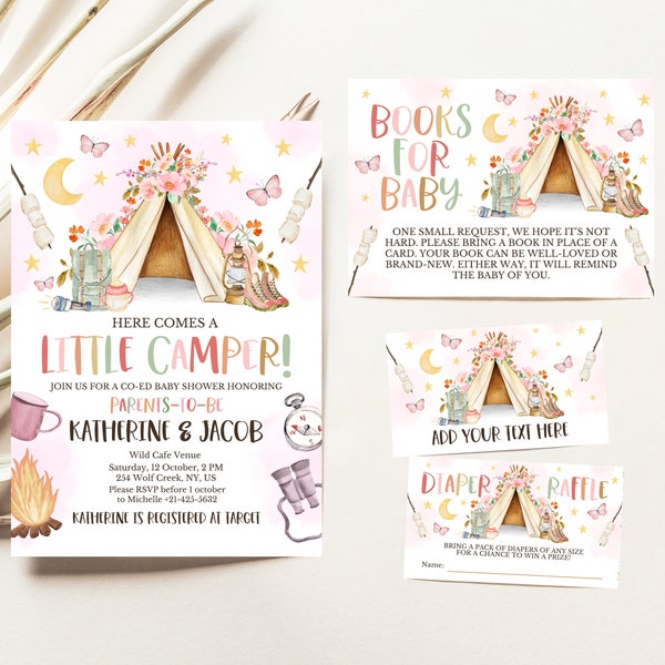 Editable Camping Baby Shower Invitation Bundle, Little Camper Baby Shower Invite, Camp Invite, Glamping Little Camper Baby Shower, Teepee