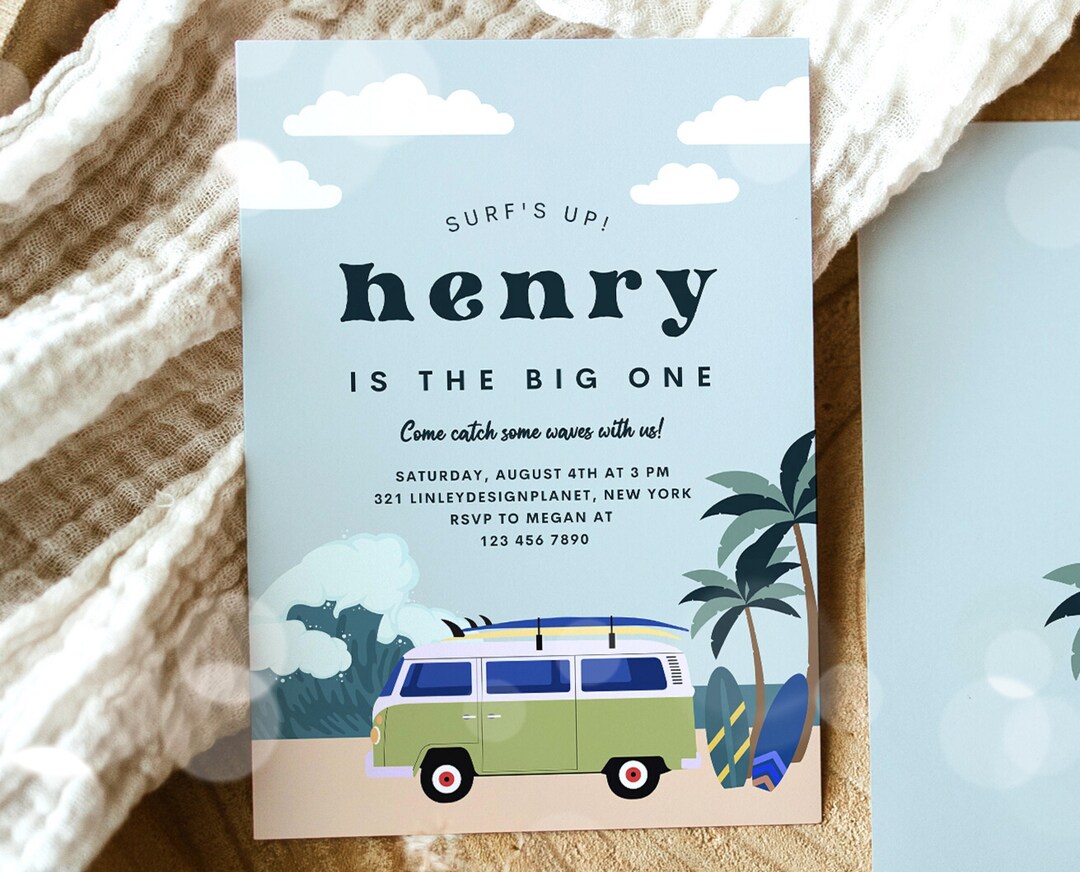 Editable the Big One Surf Birthday Invitation, First Surf Birthday ...