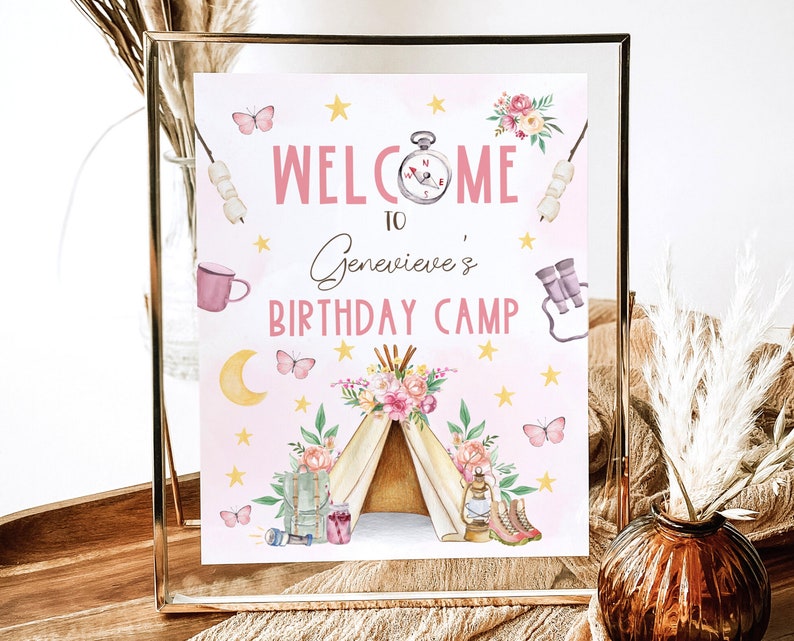 Editable Girl Camp Welcome Sign, Camp Out Sleepover Party Sign ...