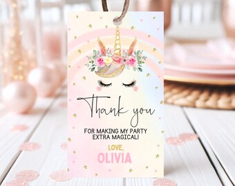 Editable Unicorn Birthday Favor Tag: Gold Rainbow Party (Instant Download)