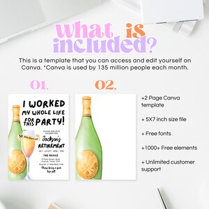 May include: A digital template for a retirement party invitation. The template features a green bottle of champagne with a gold label and the text "I worked my whole life for this party!" in black text. The template also includes the text "Jackson's Retirement" in black text. The template is designed to be used on Canva and includes two pages, a 5x7 inch size file, free fonts, 1000+ free elements, and unlimited customer support.