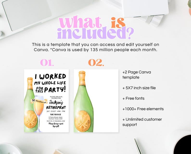 May include: A digital template for a retirement party invitation. The template features a green bottle of champagne with a gold label and the text "I worked my whole life for this party!" in black text. The template also includes the text "Jackson's Retirement" in black text. The template is designed to be used on Canva and includes two pages, a 5x7 inch size file, free fonts, 1000+ free elements, and unlimited customer support.