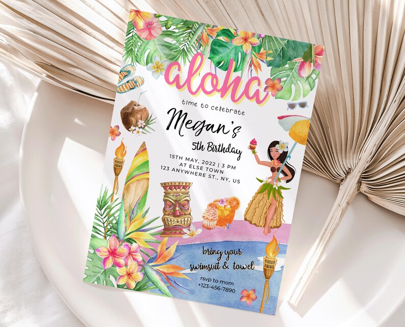 Editable Hawaiian Luau Birthday Invitation Tropical Pool Etsy