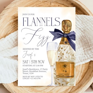 May include: An invitation to a party called "Flannels + Fizz" hosted by Josef's. The party is on Saturday, 5th November at 2:00 PM at Josef's Residence, 17 Party Street, Breakfast Avenue, Texas, 1234. RSVP by 15th November to Linley on +12 345 6798. The invitation features a watercolour illustration of a bottle of champagne with a blue ribbon and a glass of champagne.
