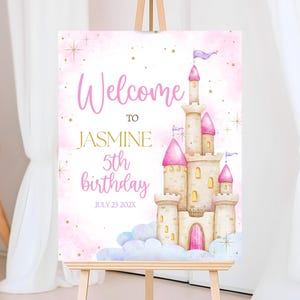 Placa de boas-vindas de aniversário do castelo da princesa Once Upon A Time editável, aniversário da princesa rosa, placa de aniversário do castelo mágico da princesa real, GBP38
