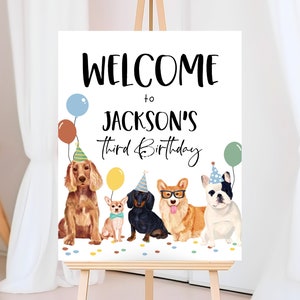 Panneau de bienvenue modifiable d&#39;anniversaire de chien, bannière d&#39;anniversaire de chiot, décoration minimaliste d&#39;anniversaire de chien, affiche de bienvenue de fête de chien, imprimable, BDBP01
