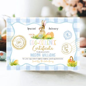 Certificado de conejo de Pascua editable, carta de certificado de Egg-Cellence del conejo de Pascua, carta de canasta de Pascua, descarga instantánea, EPC14