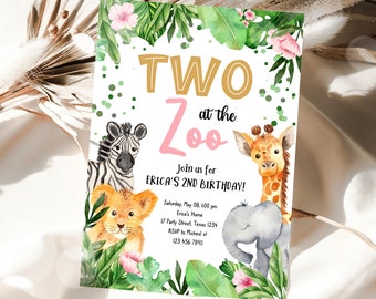 Editable Safari Animals Birthday Invitation, Kids Zoo Birthday Party, Two At The Zoo Party Animals Printable Birthday Invite