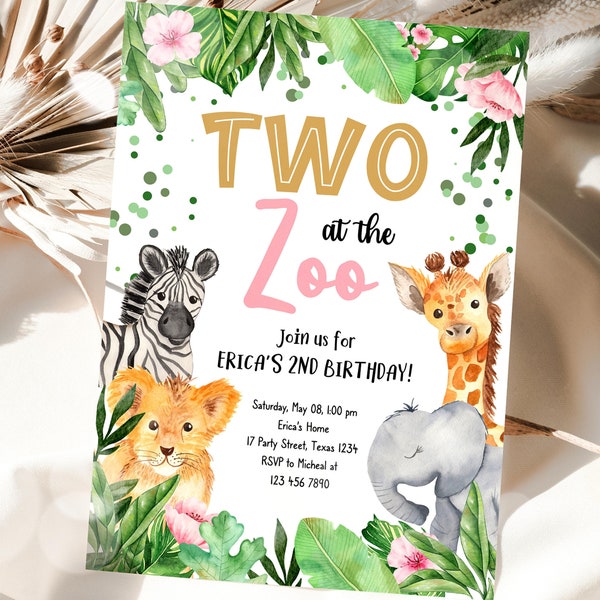 Editable Safari Animals Birthday Invitation, Kids Zoo Birthday Party, Two At The Zoo Party Animals Printable Birthday Invite