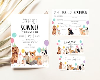 May include: A colorful invitation for a birthday party with a dog and cat theme. The invitation says "Let's Panty! Sonnet is turning three" and includes the date and time of the party. There are also several balloons and confetti on the invitation.