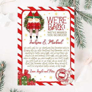 Carta de bienvenida de elfo navideño para dos niños editable, carta de celebración de la temporada festiva, plantilla imprimible, descarga instantánea