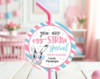 Editable Easter Straw Tag: Bunny Card, Personalized Party Decor (Digital Download)