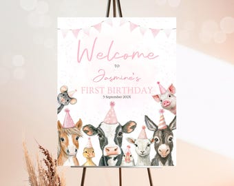 Editable Pink Farm Animals Birthday Welcome Sign (Digital Download)