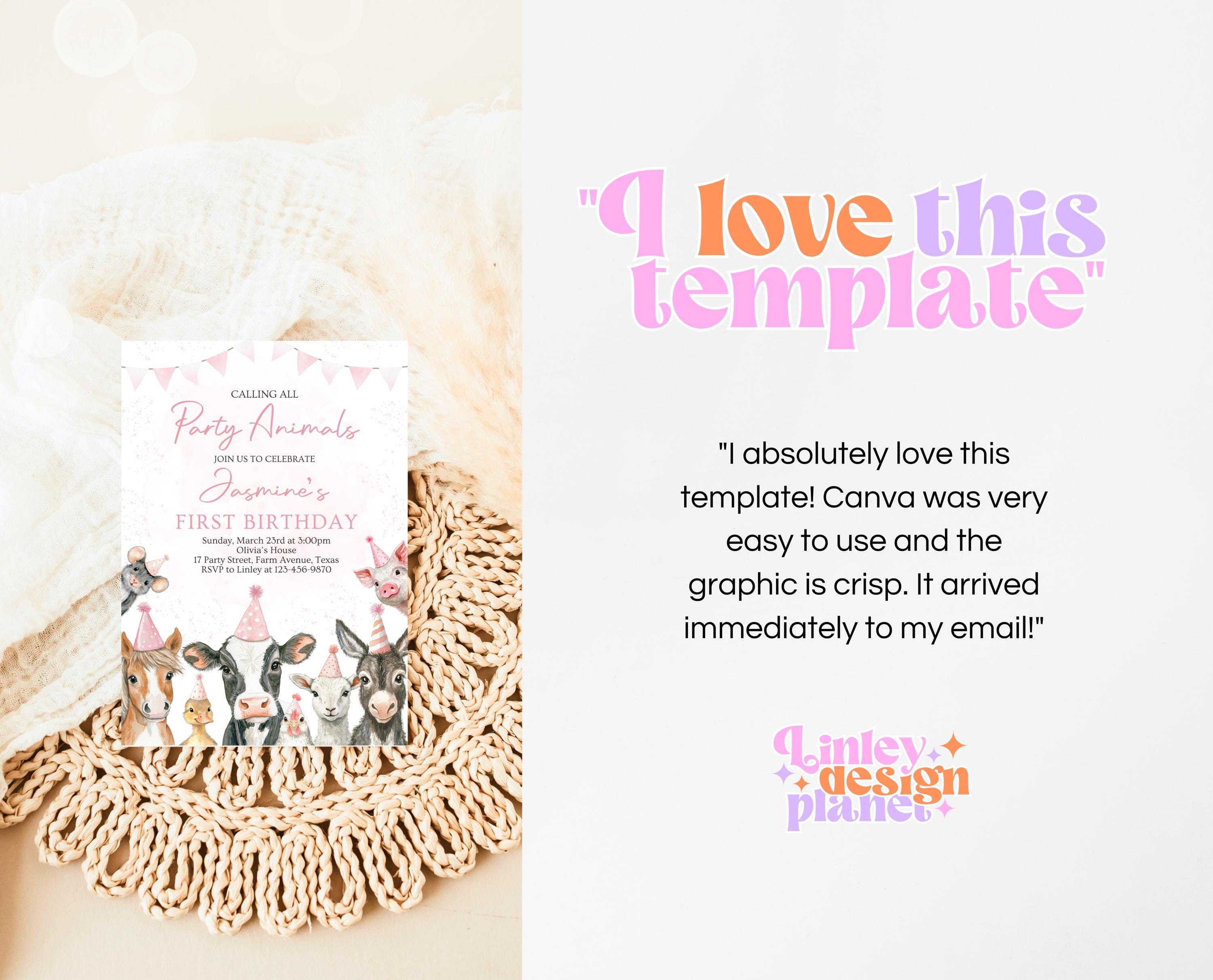 Farm Animals Birthday Invitation: Pink Party Animals, Editable Template ...