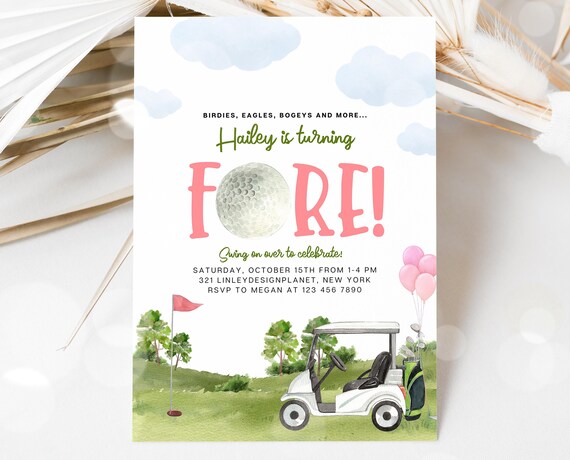 Editable Fore Golf Birthday Invitation, Girl Fourth Golf Birthday Party, Printable Golf Birthday Invite