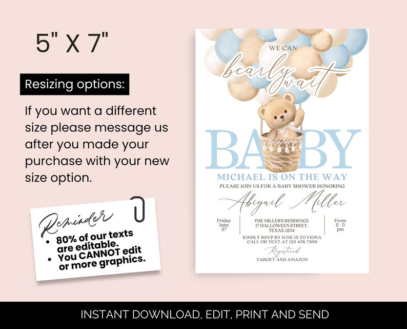 May include: A baby shower invitation with a blue and beige color scheme. The invitation features a teddy bear in a hot air balloon made of balloons. The text reads "We can barely wait" and "Baby Michael is on the way". The invitation also includes the date, time, and location of the baby shower.