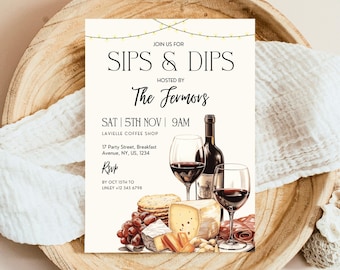 May include: Invitation to a "Sips & Dips" event hosted by The Fermors on Saturday, November 5th at 9 AM at Lavielle Coffee Shop. The address is 17 Party Street, Breakfast Avenue, NY, US, 1234. RSVP by October 15th to Linley at +12 345 6798. The invitation features a watercolor illustration of wine glasses, wine bottles, cheese, grapes, and crackers.