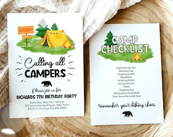 Editable Boy Camp Party Invitation, Camp Out Birthday Party, Printable Sleepover Boy Camping Party Invite +Free Checklist