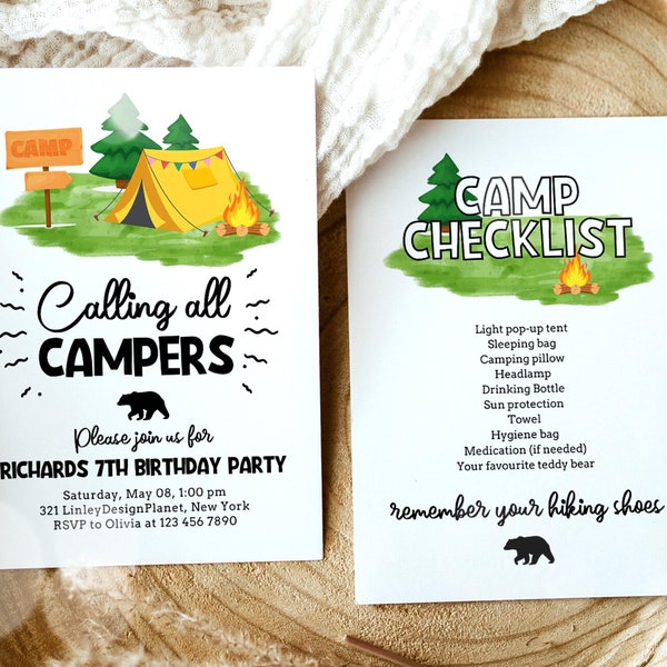 Editable Boy Camp Party Invitation, Camp Out Birthday Party, Printable Sleepover Boy Camping Party Invite +Free Checklist