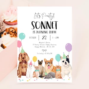 Pode incluir: Um convite colorido para uma festa de aniversário com um cachorro, um gato e outros animais usando chapéus de festa. O convite diz "Let's Pawty! Sonnet está fazendo três anos" e inclui a data, a hora e o local da festa.