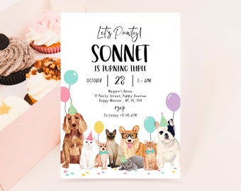 Editable Dog And Cat Birthday Party Invitation, Puppy Birthday Invitation, Kitten Birthday, Animal Vet Birthday Party