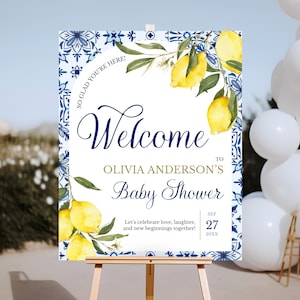 Editable Mediterranean Lemon Baby Shower Welcome Sign, Blue Tiles Theme, Italy Baby Shower, Navy Lemon Baby Shower Entrance Sign, MLBS01