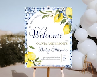 Letrero de bienvenida editable con diseño mediterráneo de limón para baby shower, con temática de azulejos azules, para baby shower italiano, letrero de entrada con diseño de limón azul marino, MLBS01