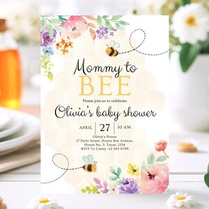 Editable Bee Baby Shower Invitation, Summer Bee Baby Shower Invite, Mommy to Bee Baby Shower Invitation, Floral Honey Bee Invite, GBS07